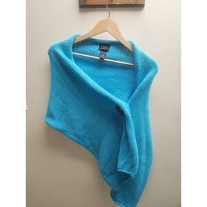 Pure Handknit Blue Cotton Wrap Poncho Shawl Coconut Buttons One Size Turquoise